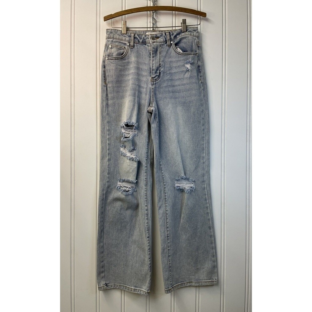 Almost Famous Women Jeans Size  5 Blue Denim Distressed‎ Thrashed Straight Leg